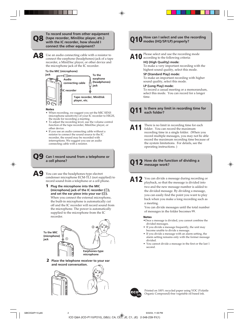 Q9 a9 q8 a8, Q11 a11, Q12 a12 | Q10 a10 | Sony ICD-P210 User Manual | Page 2 / 2