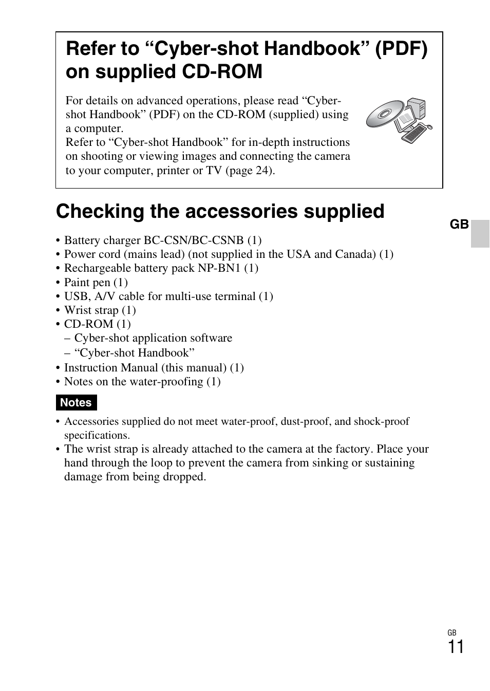 Checking the accessories supplied | Sony DSC-TX5 User Manual | Page 11 / 64