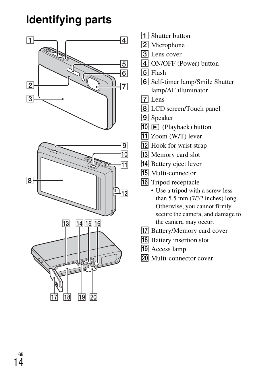 Identifying parts | Sony DSC-TX5 User Manual | Page 14 / 64