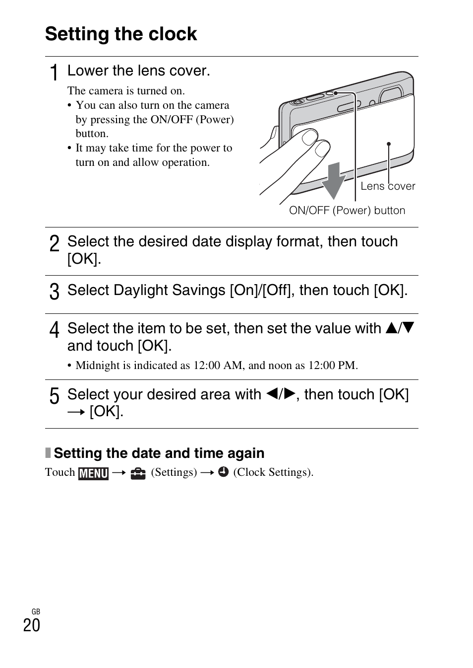 Setting the clock | Sony DSC-TX5 User Manual | Page 20 / 64