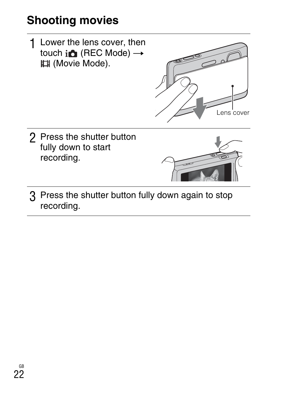 Shooting movies | Sony DSC-TX5 User Manual | Page 22 / 64