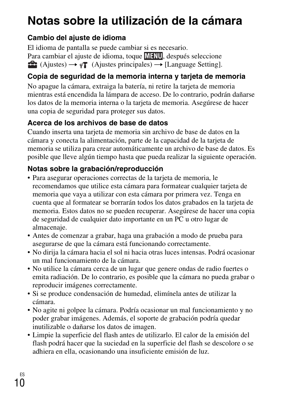 Notas sobre la utilización de la cámara | Sony DSC-TX5 User Manual | Page 42 / 64