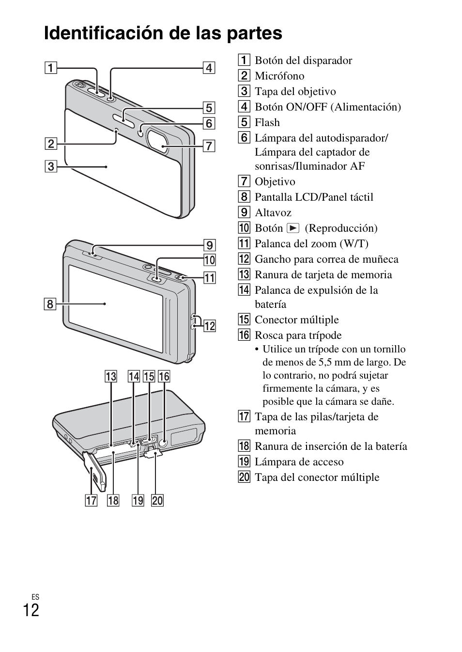 Identificación de las partes | Sony DSC-TX5 User Manual | Page 44 / 64