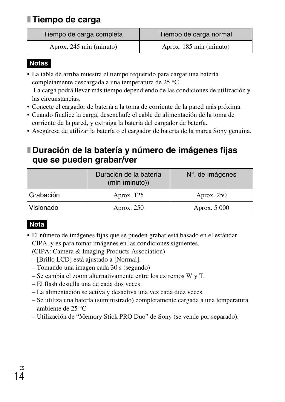 Xtiempo de carga | Sony DSC-TX5 User Manual | Page 46 / 64