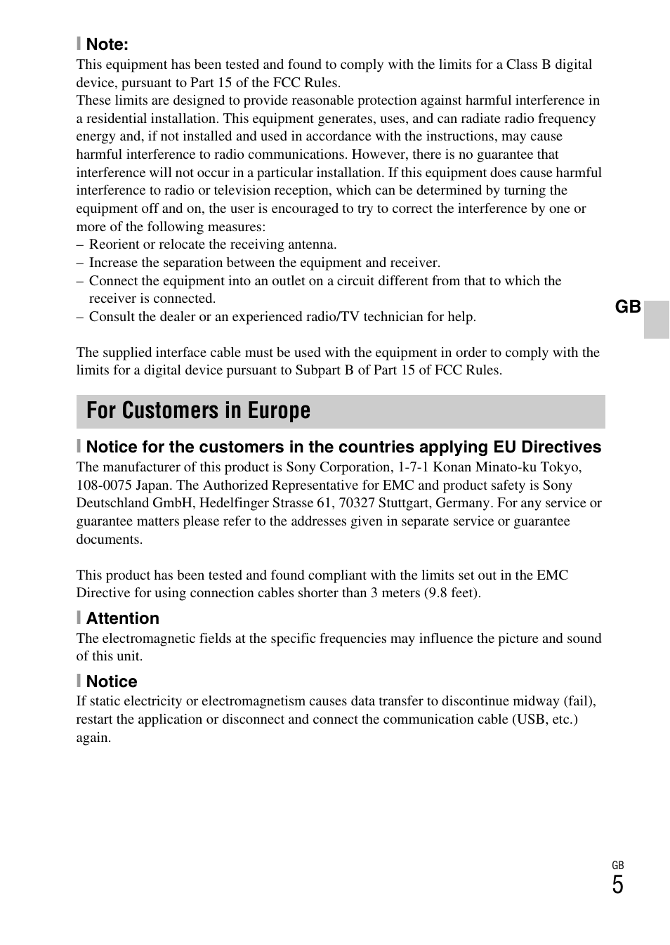 For customers in europe | Sony DSC-TX5 User Manual | Page 5 / 64