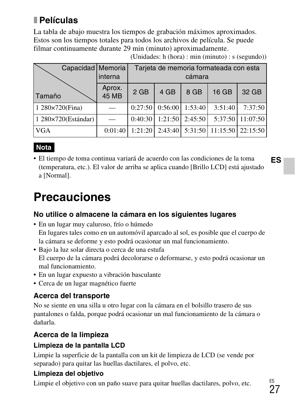 Precauciones, Xpelículas | Sony DSC-TX5 User Manual | Page 59 / 64
