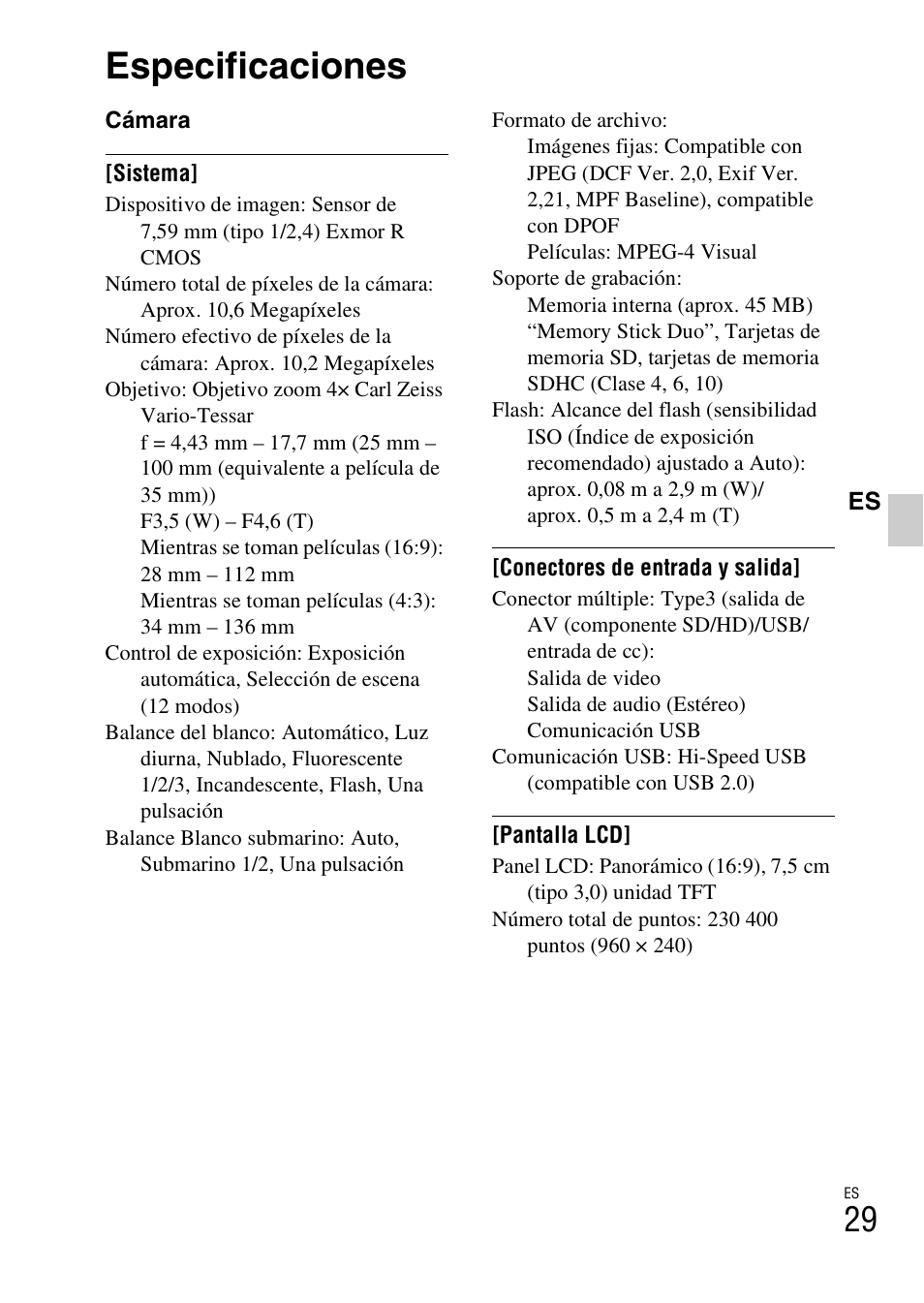 Especificaciones | Sony DSC-TX5 User Manual | Page 61 / 64