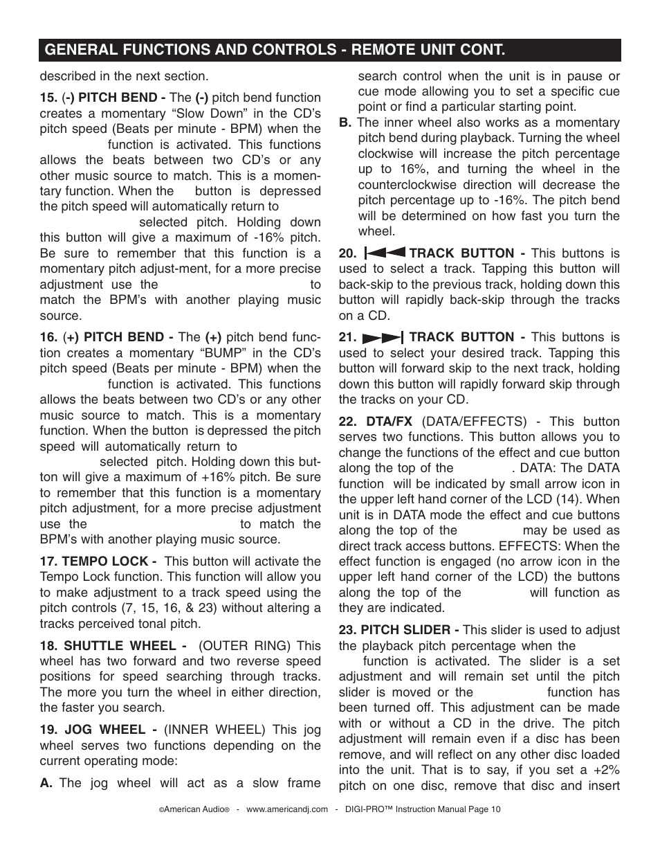General functions and controls - remote unit cont | American Audio DIGI-PRO User Manual | Page 10 / 32