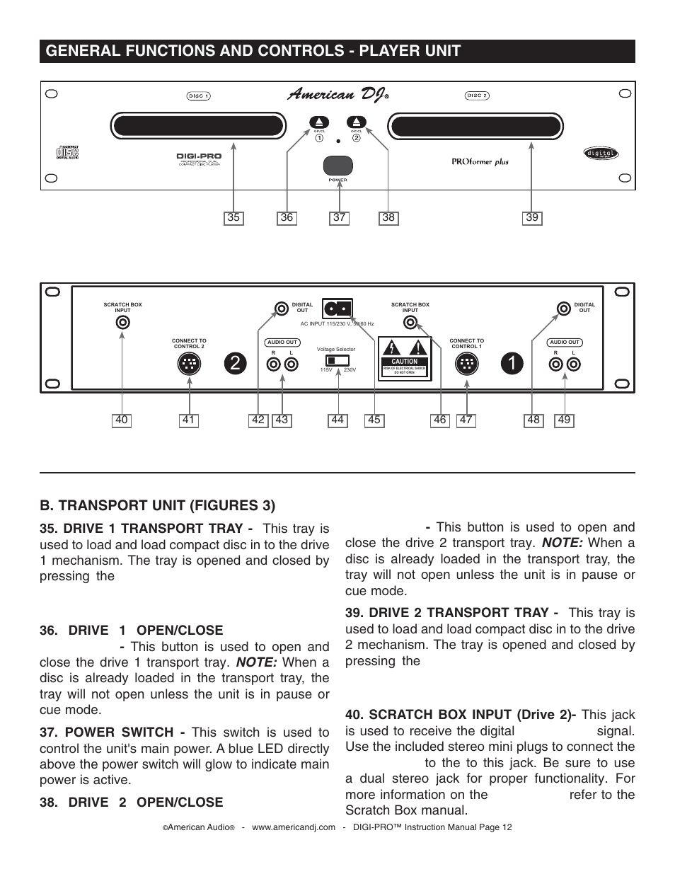 General functions and controls - player unit, B. transport unit (figures 3) | American Audio DIGI-PRO User Manual | Page 12 / 32