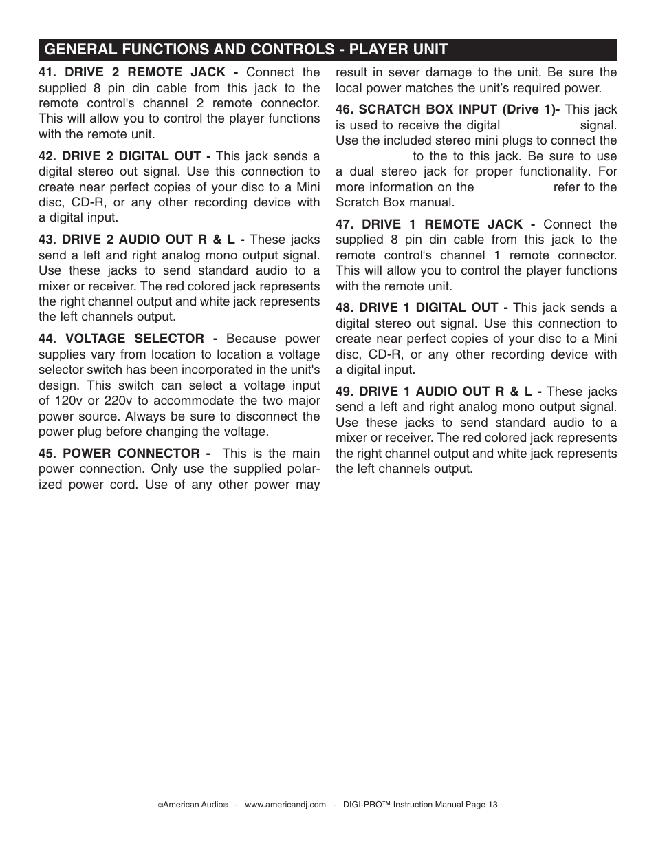General functions and controls - player unit | American Audio DIGI-PRO User Manual | Page 13 / 32