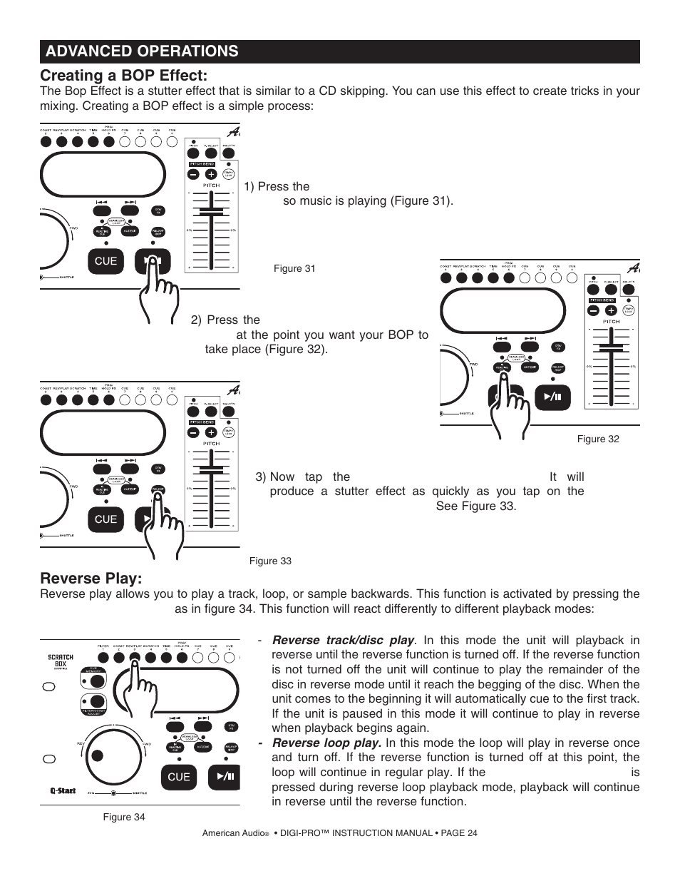 Reverse play, Creating a bop effect, Advanced operations | American Audio DIGI-PRO User Manual | Page 24 / 32