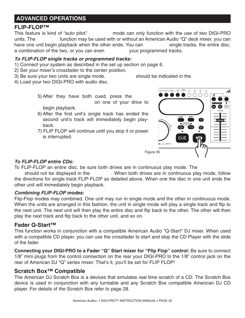 Fader q-start, Scratch box™ compatible, Advanced operations | Flip-flop | American Audio DIGI-PRO User Manual | Page 25 / 32