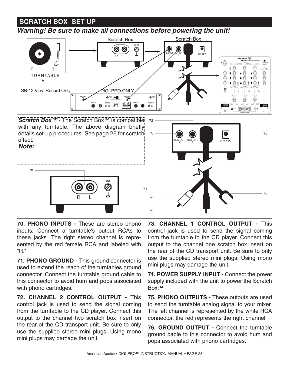 Scratch box set up, Scratch box, Risk of electrical shock do not open | Digi-pro only, Sb-12 vinyl record only | American Audio DIGI-PRO User Manual | Page 28 / 32