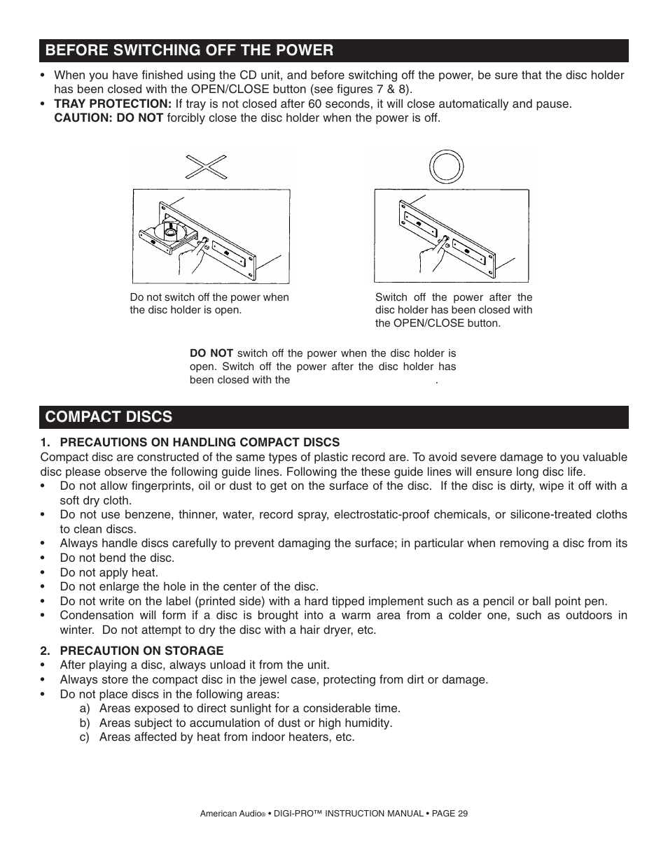 Compact discs, Before switching off the power | American Audio DIGI-PRO User Manual | Page 29 / 32