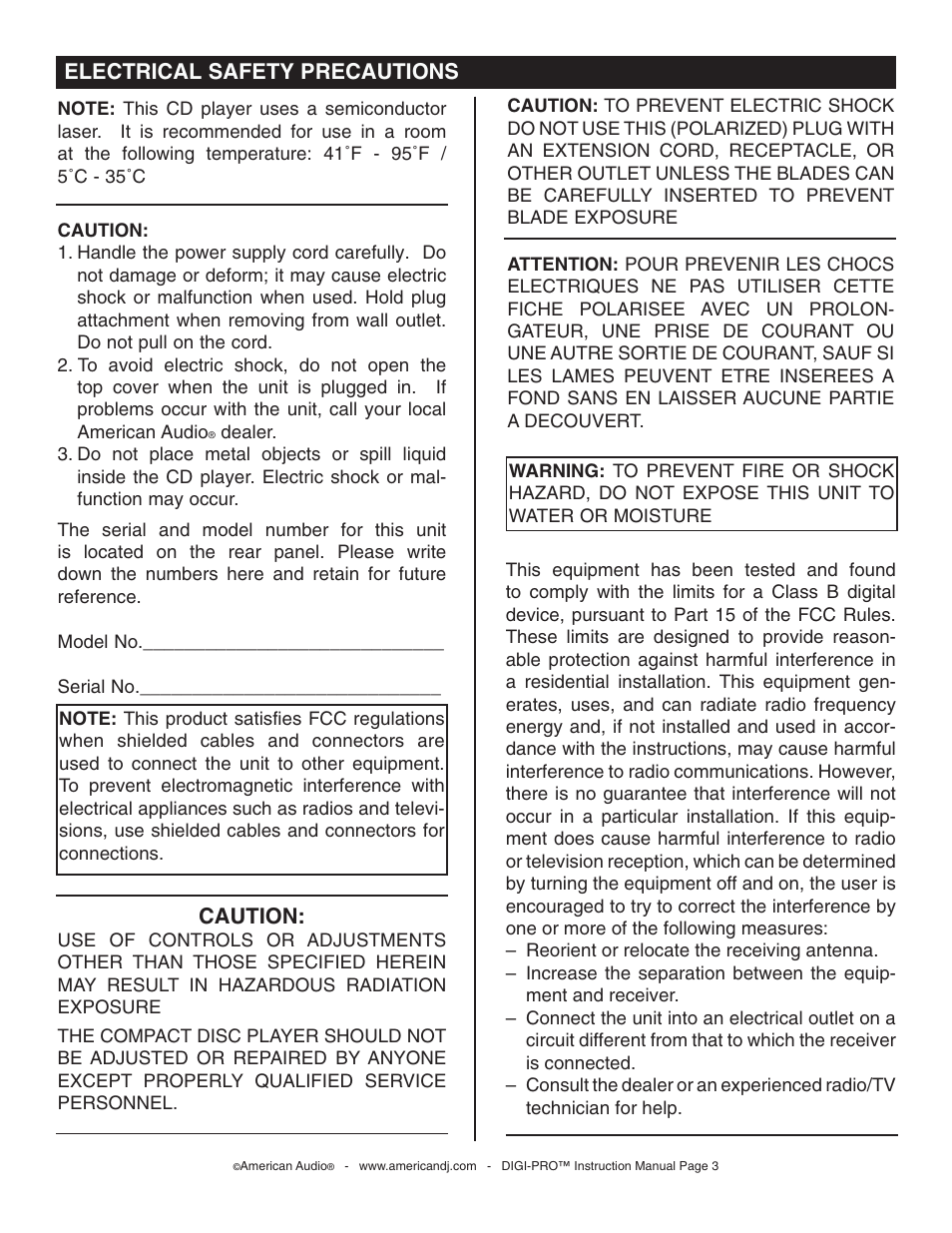 Caution, Electrical safety precautions | American Audio DIGI-PRO User Manual | Page 3 / 32