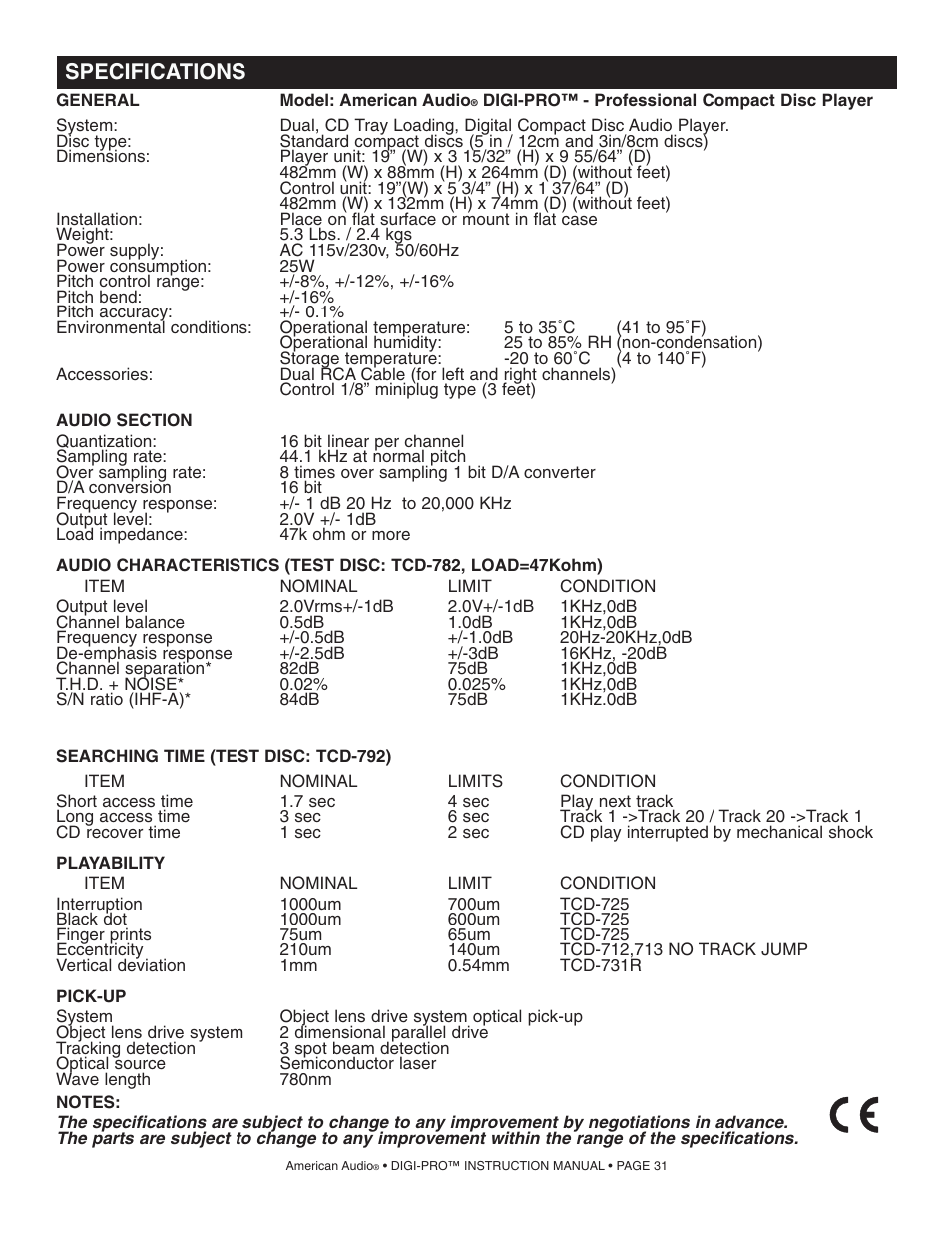 Specifications | American Audio DIGI-PRO User Manual | Page 31 / 32