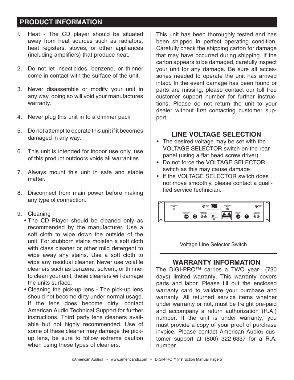Product information, Line voltage selection, Warranty information | American Audio DIGI-PRO User Manual | Page 5 / 32
