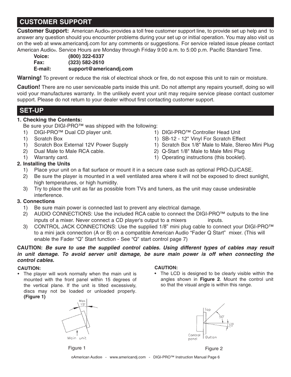 Set-up, Customer support | American Audio DIGI-PRO User Manual | Page 6 / 32