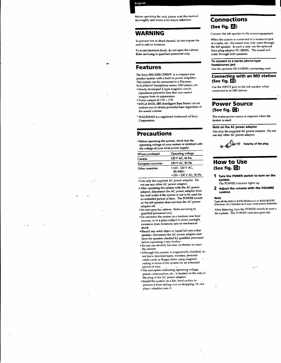 Warning, Features, Precautions | Connections, See fig. q), Connecting with an md station (see fig. 0), Power source, See fig. qj), How to use, See fig. ie) | Sony SRS-Z500PC User Manual | Page 4 / 13