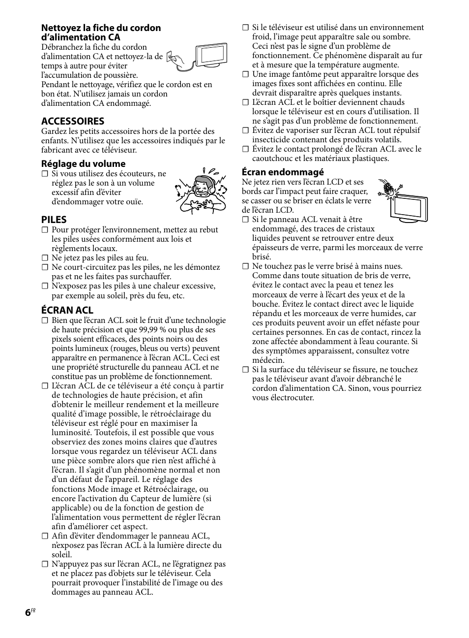 Accessoires, Piles, Écran acl | Sony KDL-46BX421 User Manual | Page 12 / 20