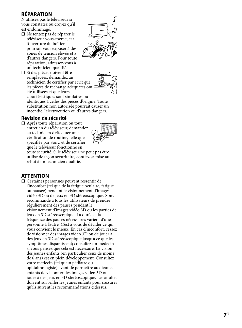 Réparation, Attention | Sony KDL-46BX421 User Manual | Page 13 / 20