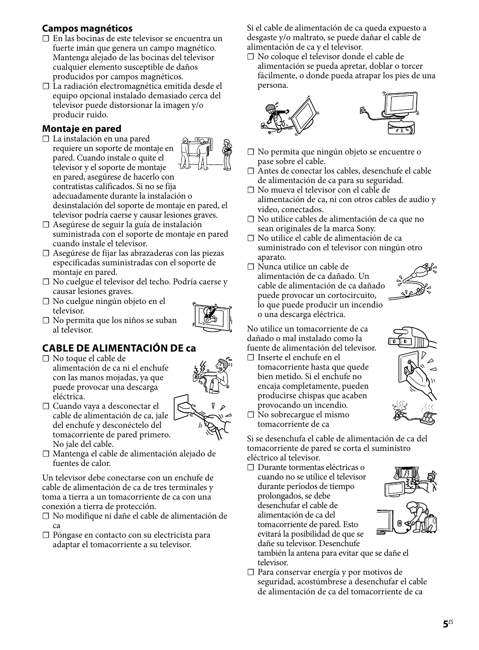 Cable de alimentación de ca | Sony KDL-46BX421 User Manual | Page 17 / 20