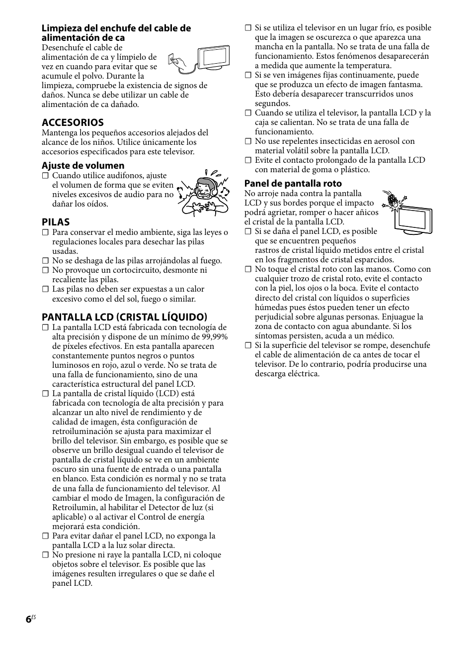 Accesorios, Pilas, Pantalla lcd (cristal líquido) | Sony KDL-46BX421 User Manual | Page 18 / 20