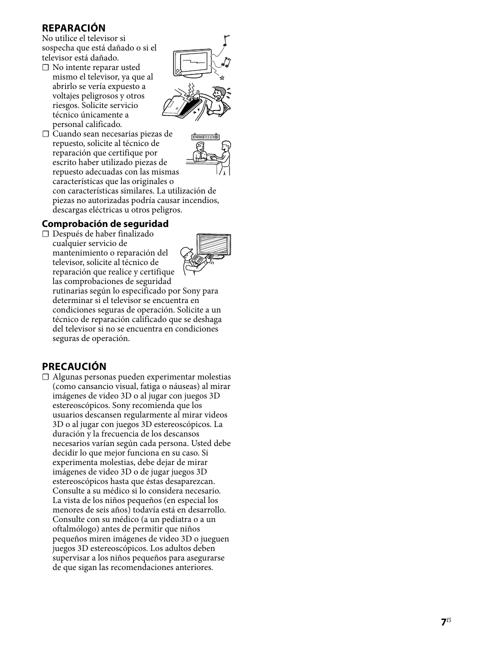 Reparación, Precaución | Sony KDL-46BX421 User Manual | Page 19 / 20