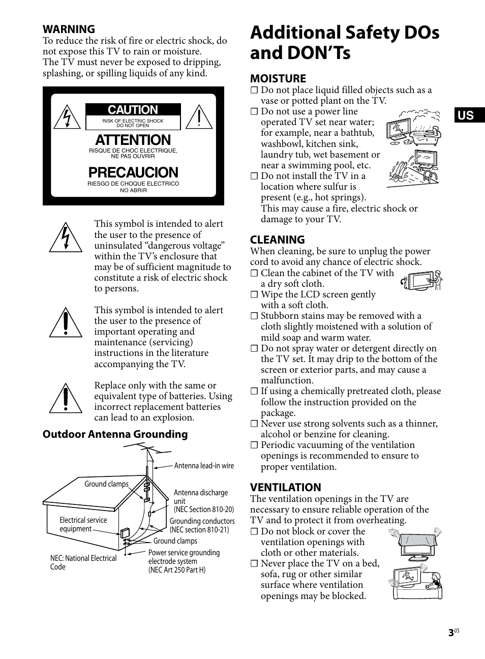 Additional safety dos and don’ts, Attention, Precaucion | Warning, Caution, Moisture, Cleaning, Ventilation | Sony KDL-46BX421 User Manual | Page 3 / 20