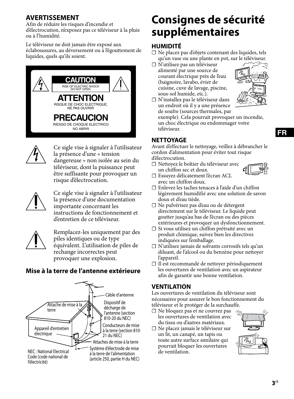 Consignes de sécurité supplémentaires, Attention, Precaucion | Fr avertissement, Caution, Mise à la terre de l’antenne extérieure | Sony KDL-46BX421 User Manual | Page 9 / 20