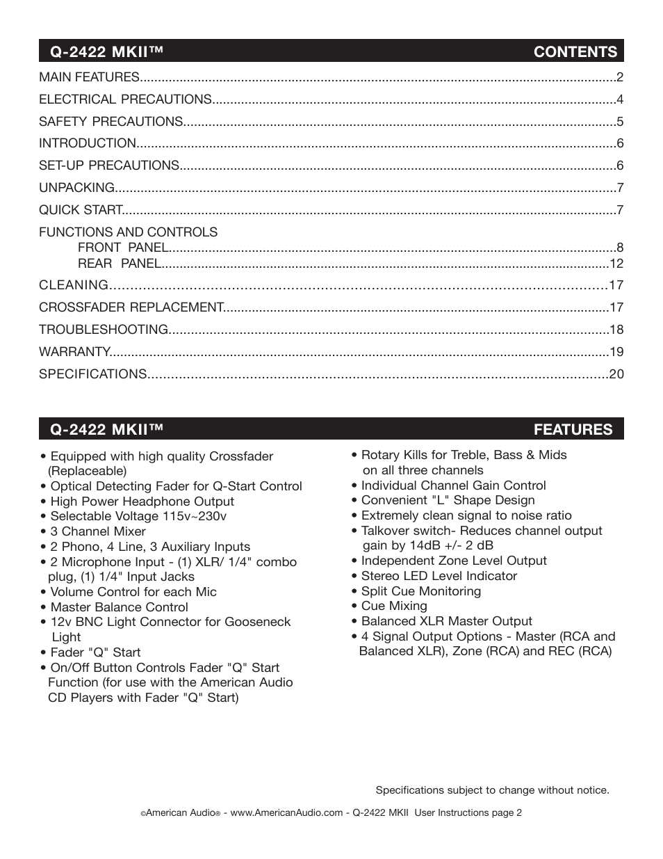 American Audio Q-2422 MKII User Manual | Page 2 / 21