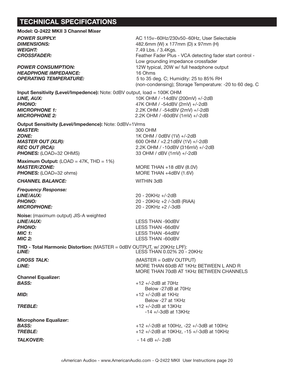 Technical specifications | American Audio Q-2422 MKII User Manual | Page 20 / 21