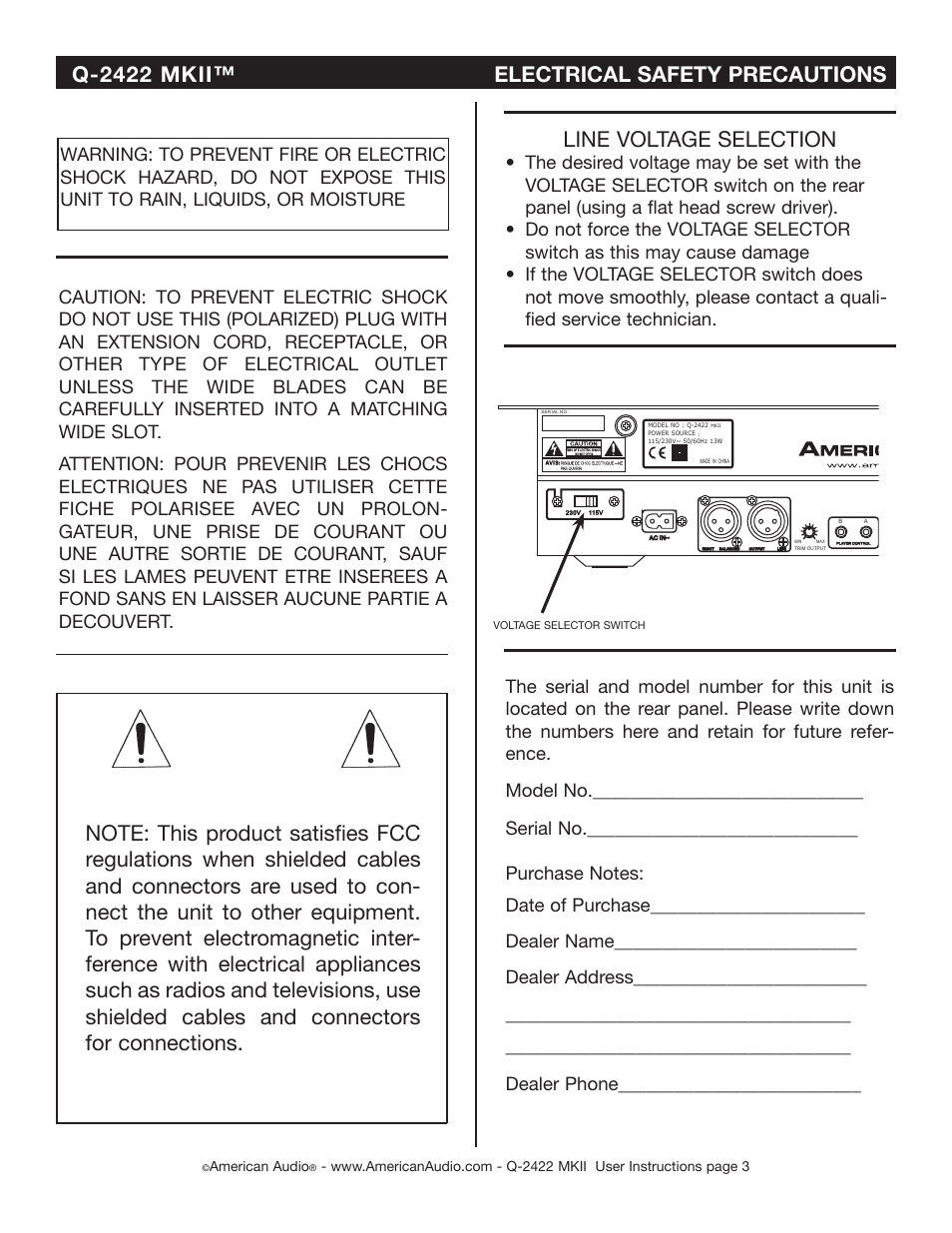 Q-2422 mkii™ electrical safety precautions, Line voltage selection | American Audio Q-2422 MKII User Manual | Page 3 / 21