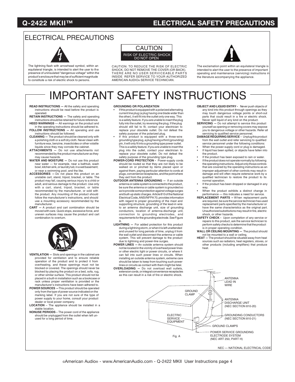 Important safety instructions, Electrical precautions, Q-2422 mkii™ electrical safety precautions | Caution, American audio | American Audio Q-2422 MKII User Manual | Page 4 / 21
