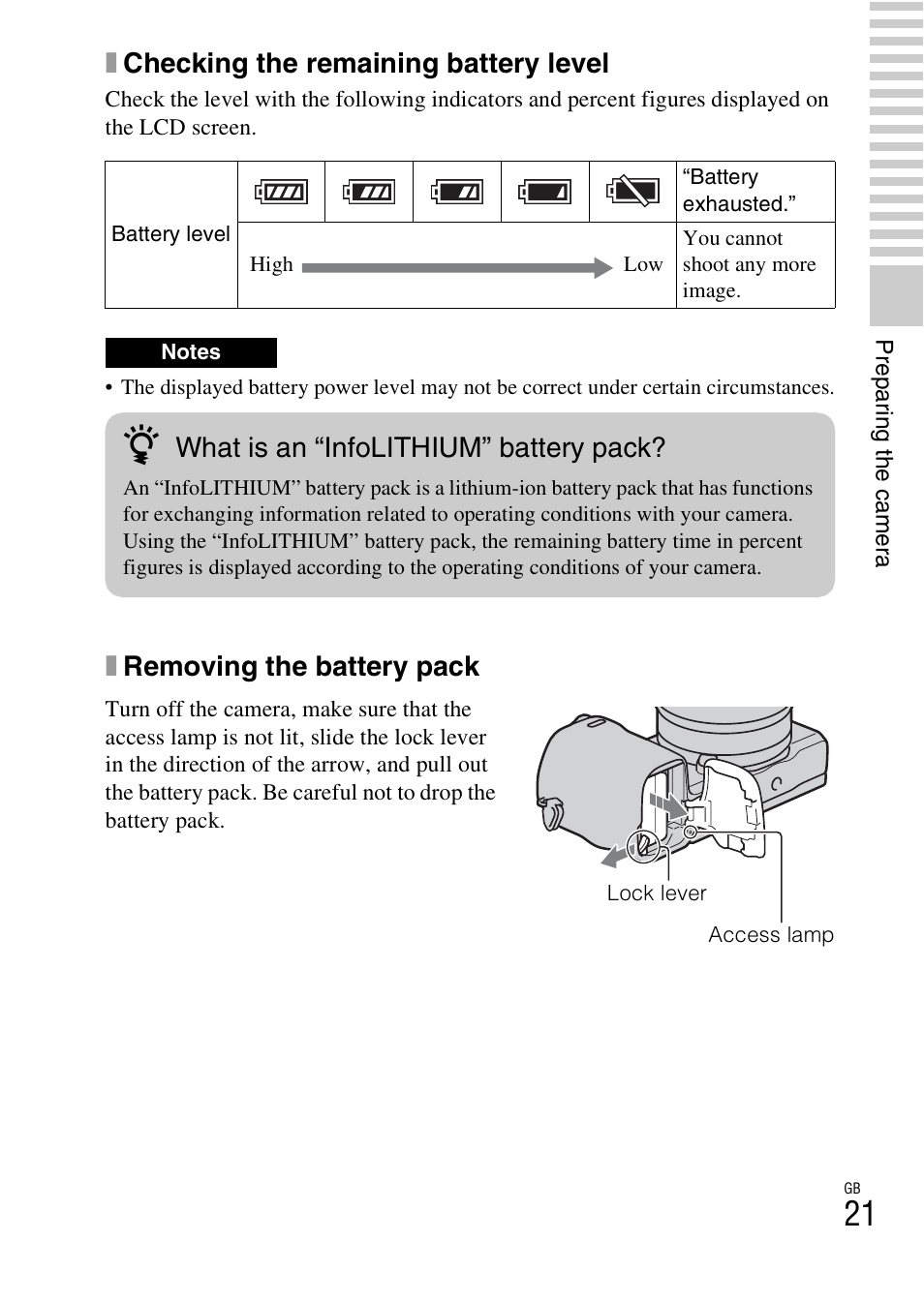 Xchecking the remaining battery level, Xremoving the battery pack, What is an “infolithium” battery pack | Sony NEX-5R User Manual | Page 21 / 107