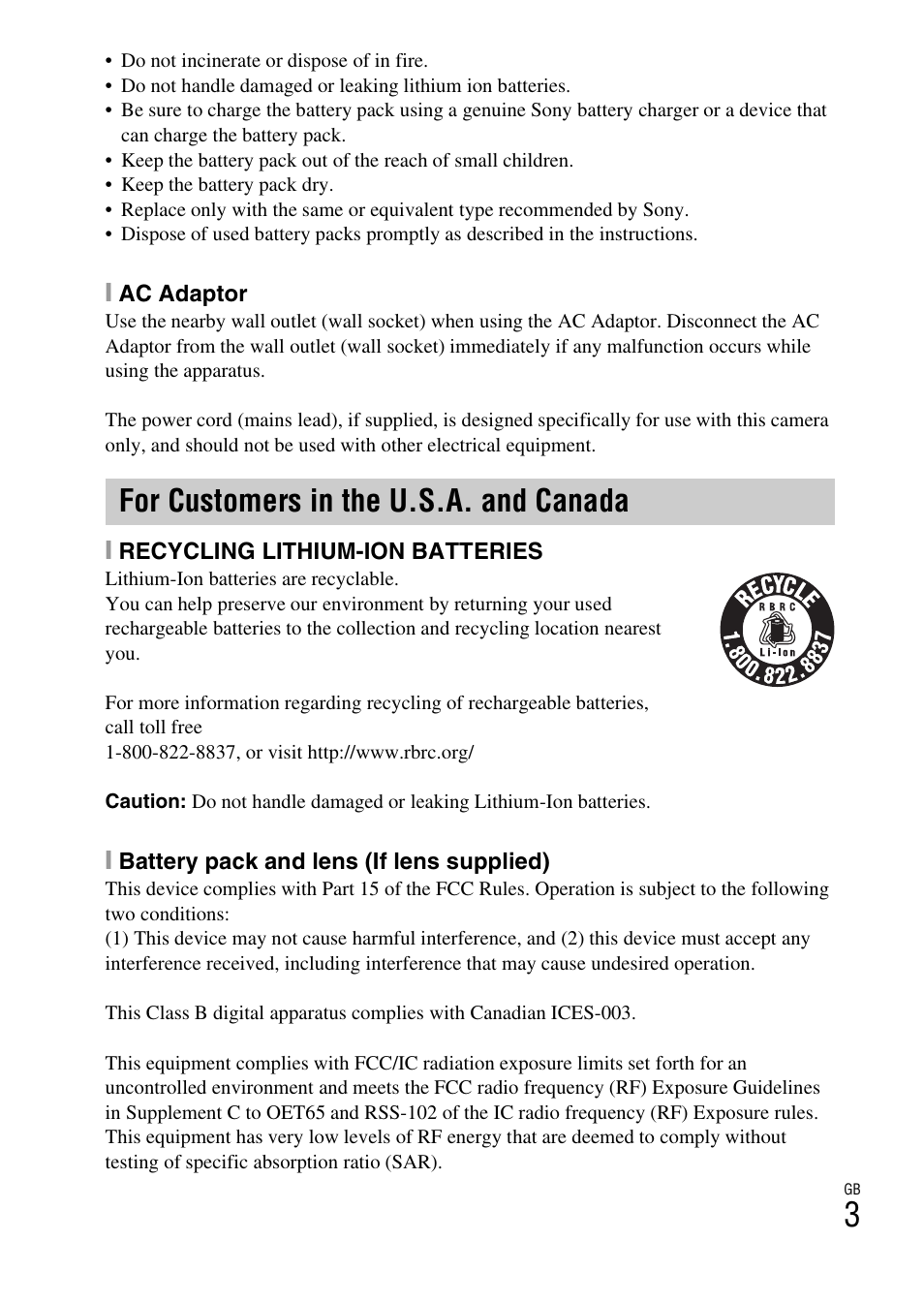 For customers in the u.s.a. and canada | Sony NEX-5R User Manual | Page 3 / 107