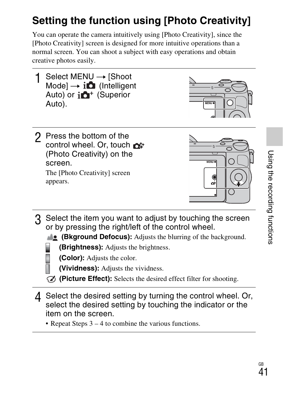 Using the recording functions, Setting the function using [photo creativity | Sony NEX-5R User Manual | Page 41 / 107