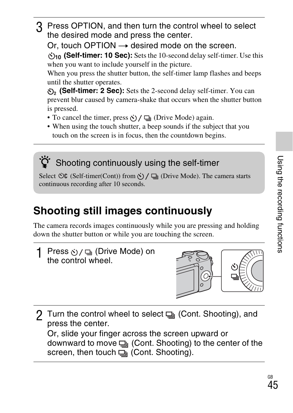 Shooting still images continuously | Sony NEX-5R User Manual | Page 45 / 107