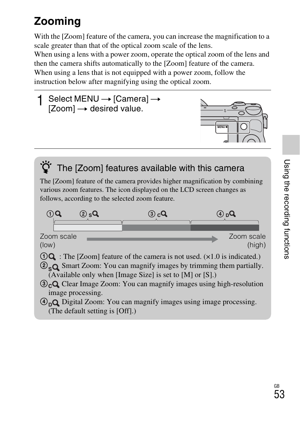 Zooming | Sony NEX-5R User Manual | Page 53 / 107