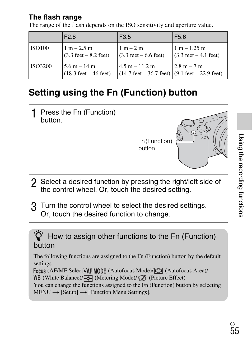 Setting using the fn (function) button, N (55 | Sony NEX-5R User Manual | Page 55 / 107