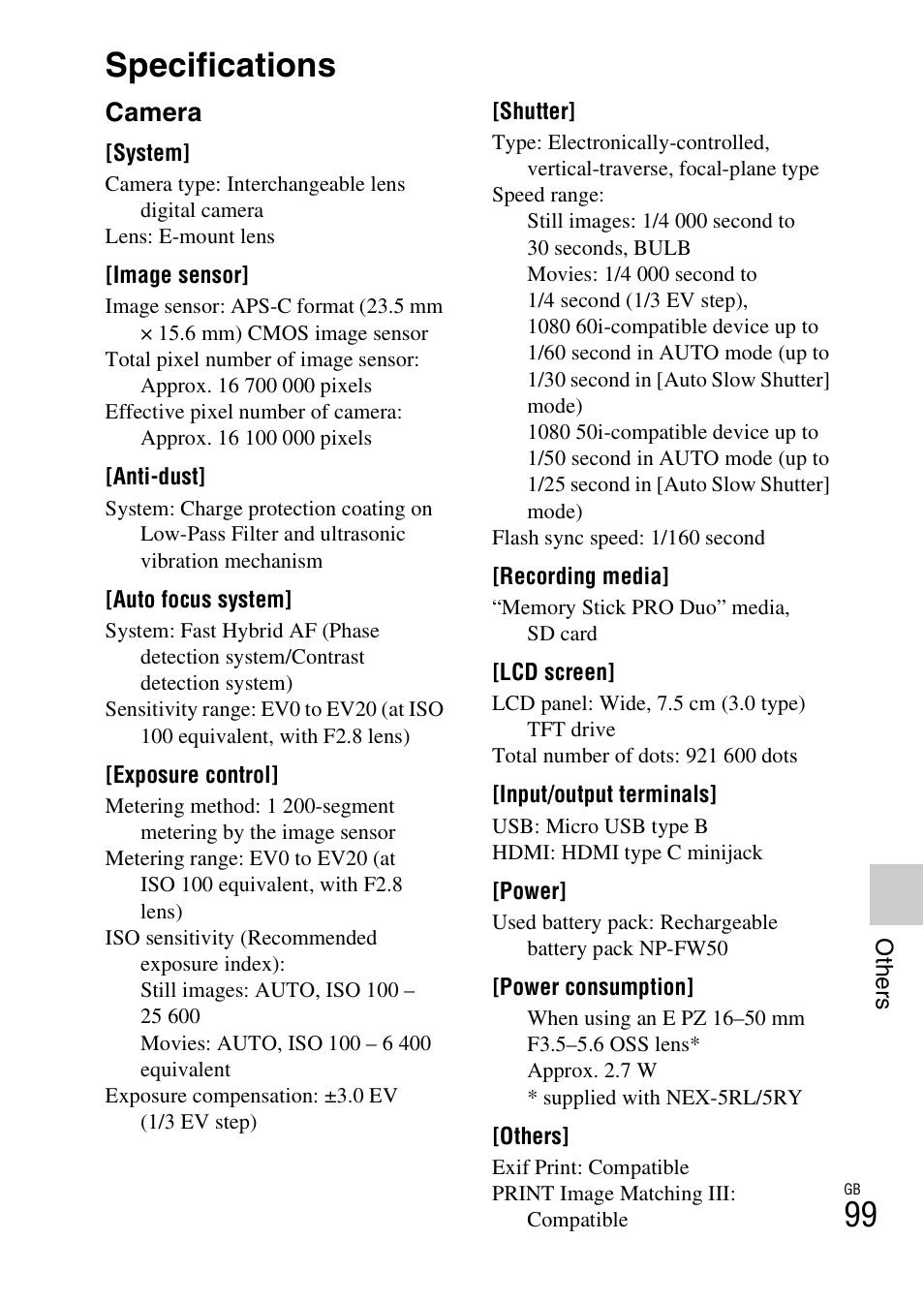 Specifications, Camera | Sony NEX-5R User Manual | Page 99 / 107