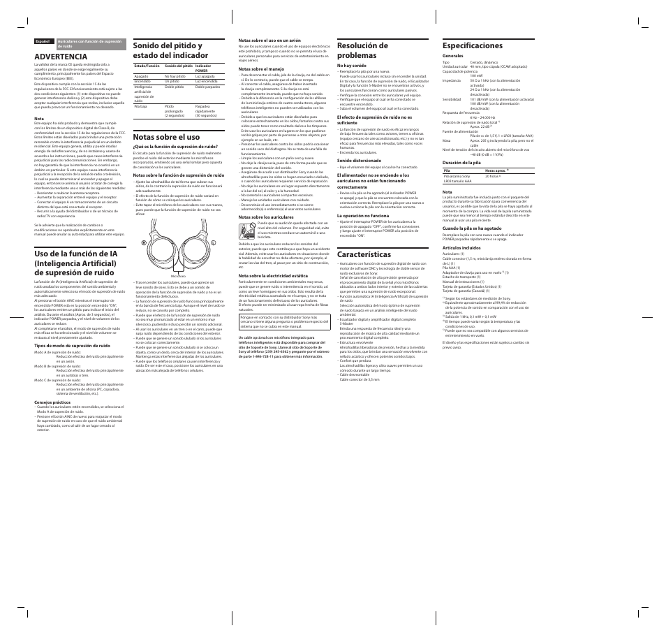 Advertencia, Especificaciones, Sonido del pitido y estado del indicador | Notas sobre el uso, Resolución de problemas, Características | Sony MDR-10RDC User Manual | Page 2 / 2