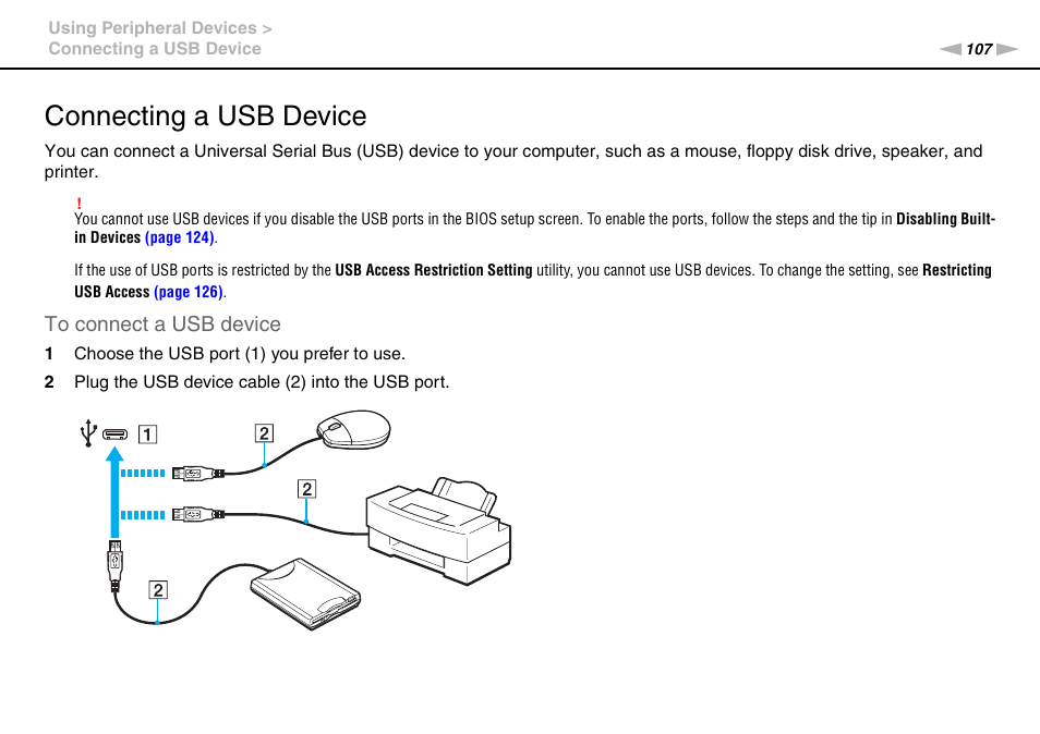 Connecting a usb device | Sony VPCB1190X User Manual | Page 107 / 198