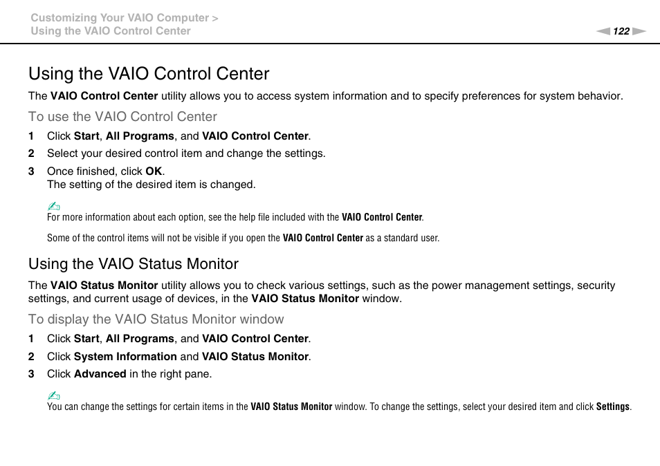 Using the vaio control center, Using the vaio status monitor | Sony VPCB1190X User Manual | Page 122 / 198