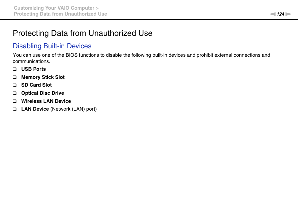 Protecting data from unauthorized use, Disabling built-in devices | Sony VPCB1190X User Manual | Page 124 / 198