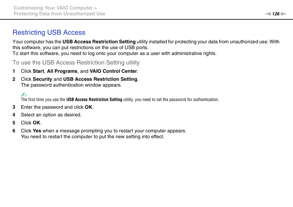 Restricting usb access | Sony VPCB1190X User Manual | Page 126 / 198