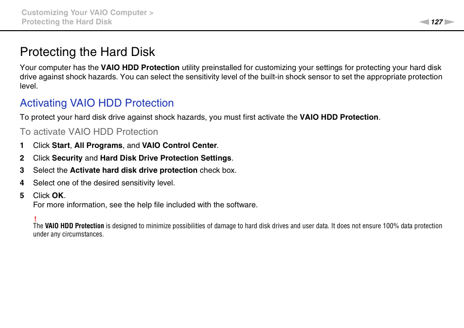 Protecting the hard disk, Activating vaio hdd protection | Sony VPCB1190X User Manual | Page 127 / 198