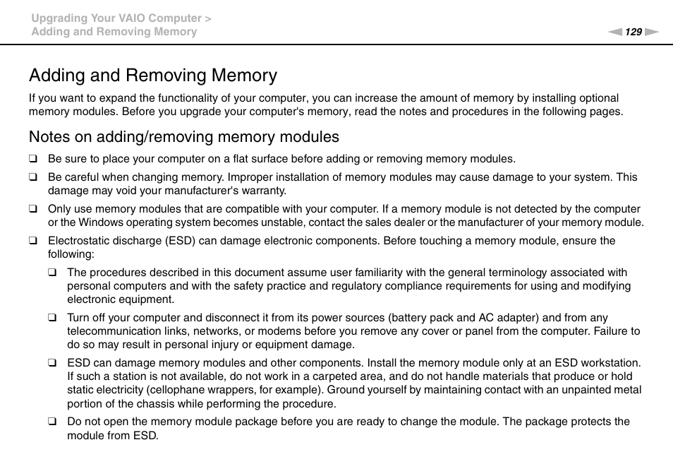 Adding and removing memory | Sony VPCB1190X User Manual | Page 129 / 198