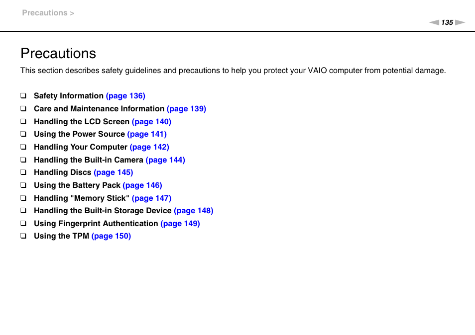 Precautions | Sony VPCB1190X User Manual | Page 135 / 198