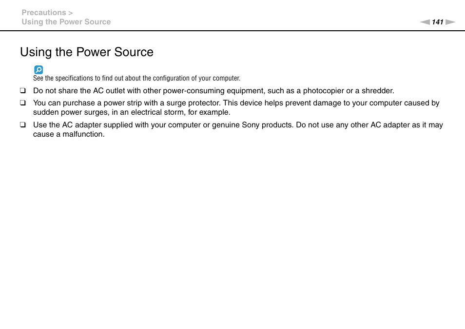 Using the power source | Sony VPCB1190X User Manual | Page 141 / 198